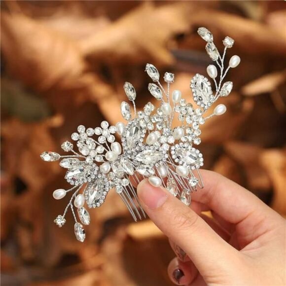 Bride Wedding Hair Comb Pearl Flower Hair Piece Rhinestone Silver Headpiece - Picture 2 of 7